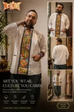 Boriby men’s hand‑painted premium cotton kurta with colorful embroidered panel, full sleeve ethnic wear in indoor lifestyle setting.