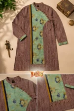 Men’s premium cotton long kurta with turquoise floral panel and textured base