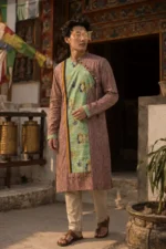 Men’s cotton long festive kurta with textured brown base and green floral panel