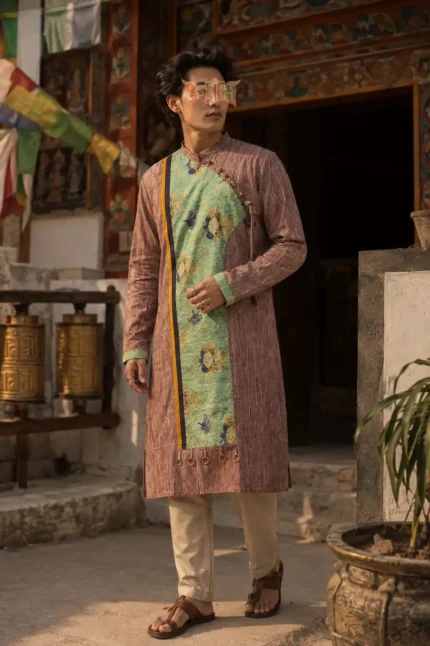 Men’s cotton long festive kurta with textured brown base and green floral panel
