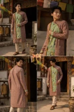 Men’s cotton long festive kurta with pinkish textured fabric and green patterned panel
