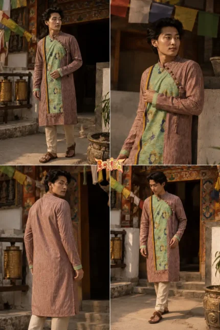 Men’s cotton long festive kurta with pinkish textured fabric and green patterned panel