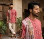 Men’s premium cotton short kurta with floral panel and red textured fabric