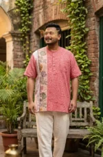 Men’s designer cotton short kurta in red with floral panel design