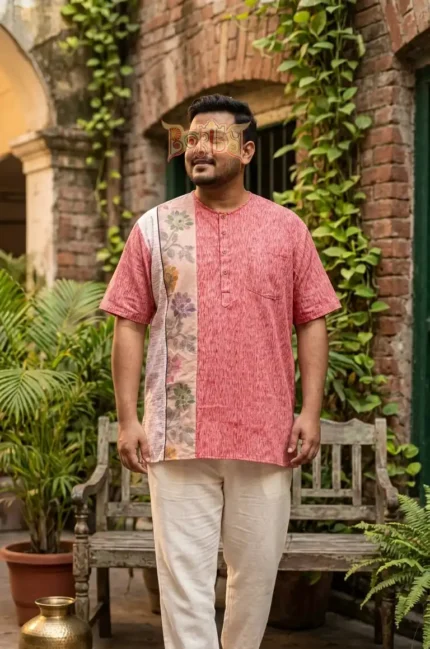 Men’s designer cotton short kurta in red with floral panel design
