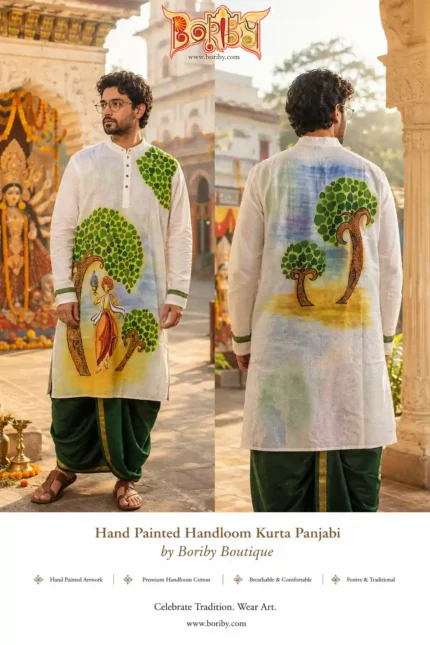 Boriby men’s white handloom cotton kurta panjabi with colorful hand‑painted tree and lamp motif, festive ethnic wear for puja.