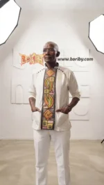 Studio photograph of Boriby men’s premium cotton kurta with embroidered geometric panel, full sleeve handcrafted ethnic wear.