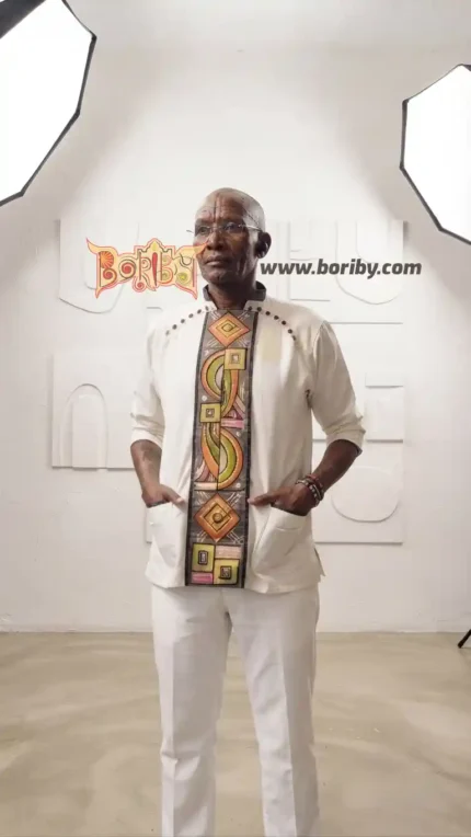 Studio photograph of Boriby men’s premium cotton kurta with embroidered geometric panel, full sleeve handcrafted ethnic wear.