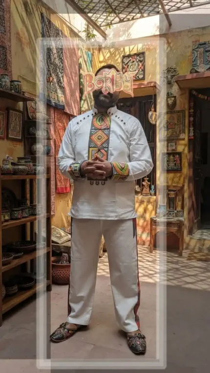 Men’s premium cotton kurta with hand‑painted tribal and geometric motifs
