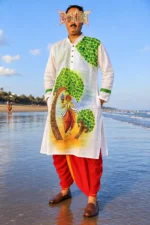 Men’s handloom long kurta panjabi with vibrant hand‑painted motifs, ideal for Durga Puja