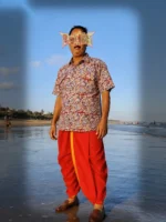 Men’s oversized half shirt with hand‑printed Kalamkari motifs in earthy tones