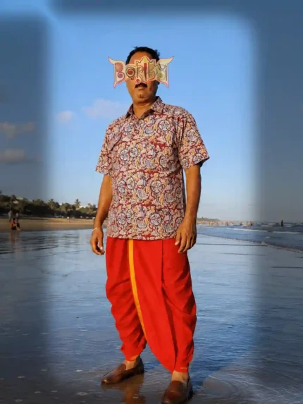 Men’s oversized half shirt with hand‑printed Kalamkari motifs in earthy tones