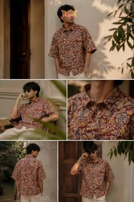 Men’s oversized half shirt with hand‑printed Kalamkari motifs in earthy tones