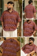 Plus size man wearing Boriby cotton ikkat zigzag half sleeve shirt front, back, side, flat lay view collage