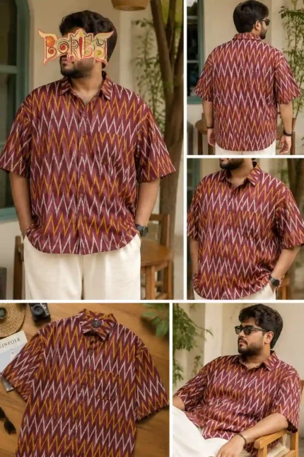 Plus size man wearing Boriby cotton ikkat zigzag half sleeve shirt front, back, side, flat lay view collage