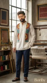 Men’s premium white cotton kurta with hand‑painted mandala art