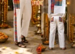 Men’s straight fit premium cotton pant featuring Gamcha patchwork and Gamcha pockets by Boriby