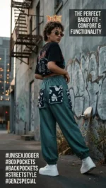 Person wearing Boriby unisex baggy jogger pants with box pockets styled in urban alleyway streetwear look