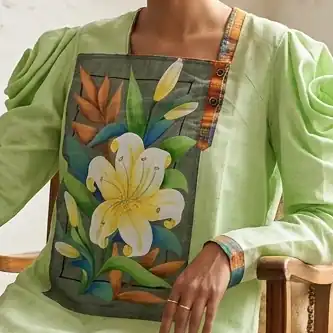 Hand‑painted floral art women’s green textured cotton top