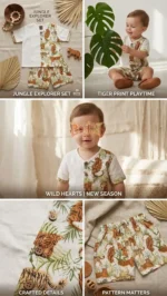 Jungle Explorer baby outfit set with tiger print shirt and shorts displayed in collage