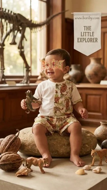 Child wearing Jungle Explorer baby outfit with tiger print sitting in museum beside dinosaur skeleton