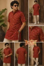 Model wearing red Ajrakh cotton kurta with golden motifs, paired with beige pants and white sneakers