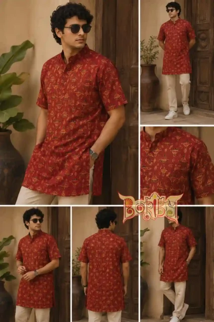 Model wearing red Ajrakh cotton kurta with golden motifs, paired with beige pants and white sneakers