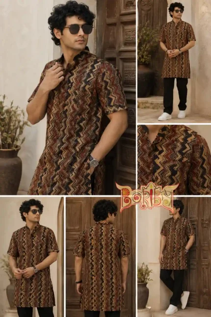 Handcrafted men’s Ajrakh cotton kurta with traditional block print design in indigo, maroon, and beige