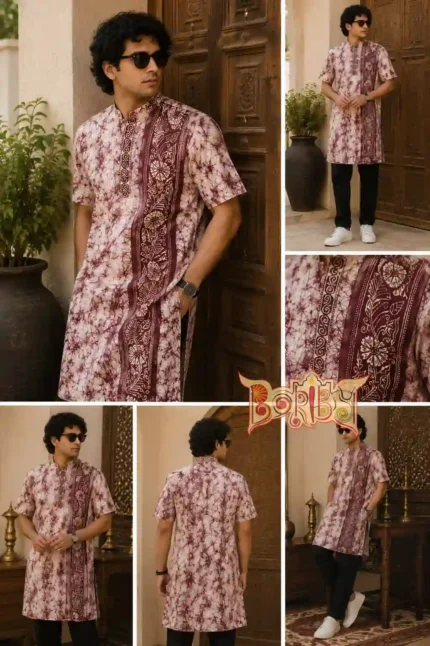 Man wearing handcrafted maroon batik half sleeve cotton kurta with embroidery