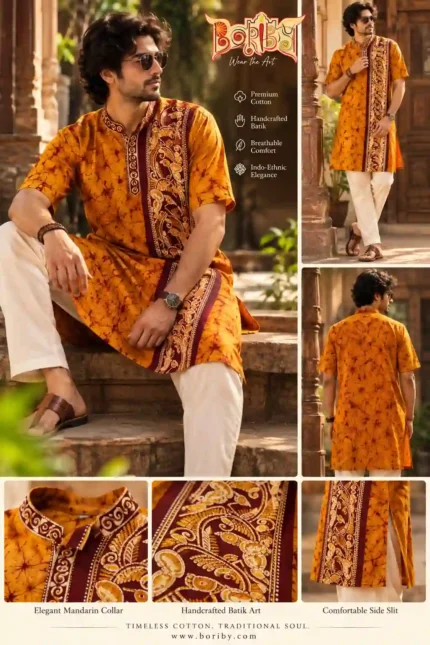 Man wearing handcrafted maroon batik half sleeve cotton kurta with ethnic motifs