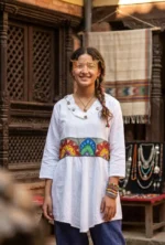 Hand‑painted mandala art women’s cotton top in white