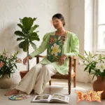 Hand‑painted floral art women’s green textured cotton top