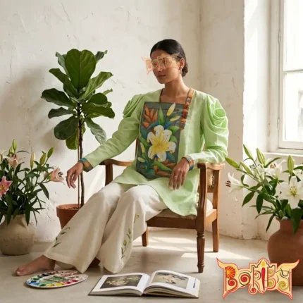 Hand‑painted floral art women’s green textured cotton top