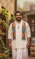 Boriby men’s embroidered cream kurta with white dhoti, styled in boutique courtyard with carved wooden door and fabrics