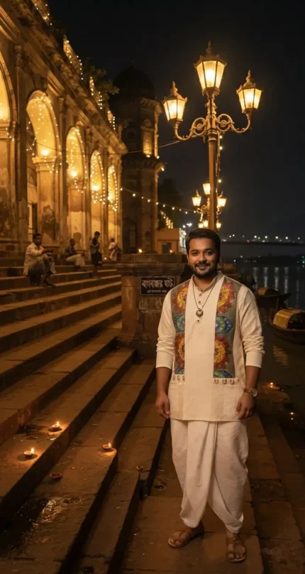Boriby men’s cream kurta with colorful embroidery and white dhoti, worn at festive riverbank night celebration with lamps and boats