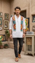 Men’s premium white cotton kurta with hand‑painted mandala art