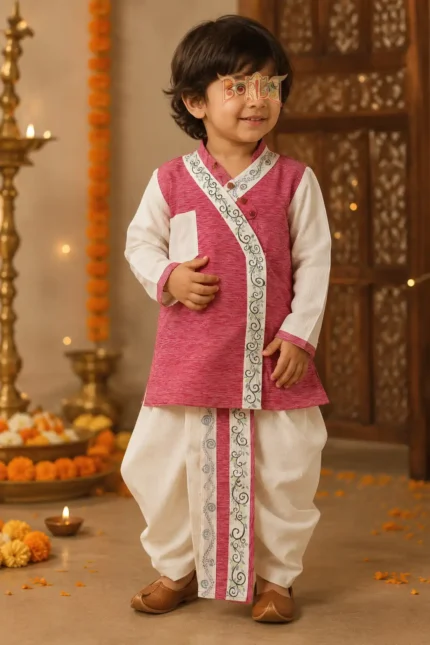 3‑year‑old boy wearing Boriby ethnic kurta dhoti set in pink and white with embroidered trims during festive celebration