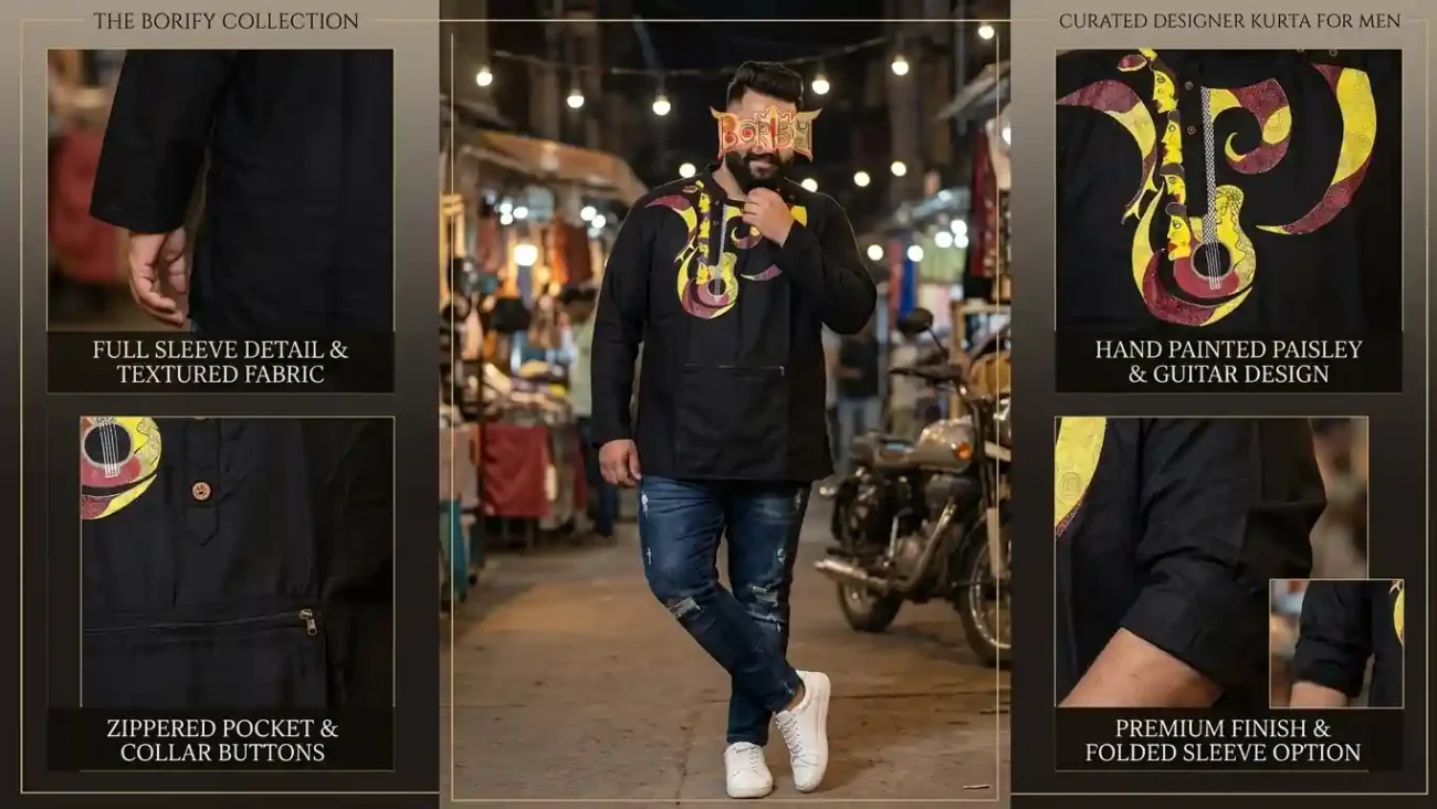 Boriby black full sleeve kurta with hand‑painted paisley and guitar motifs in yellow and red, premium textured fabric.