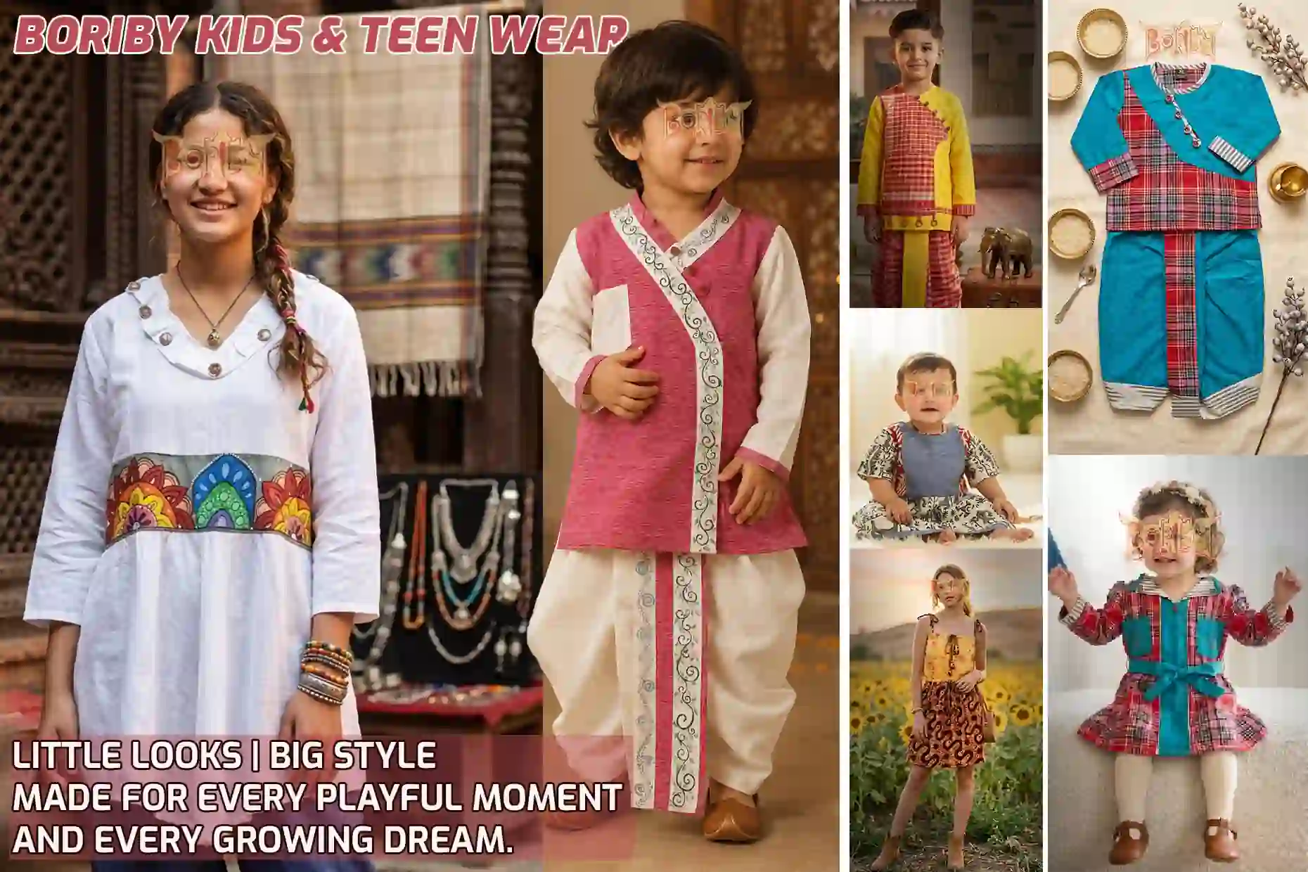 Children in colorful Boriby ethnic wear showcasing playful and stylish outfits
