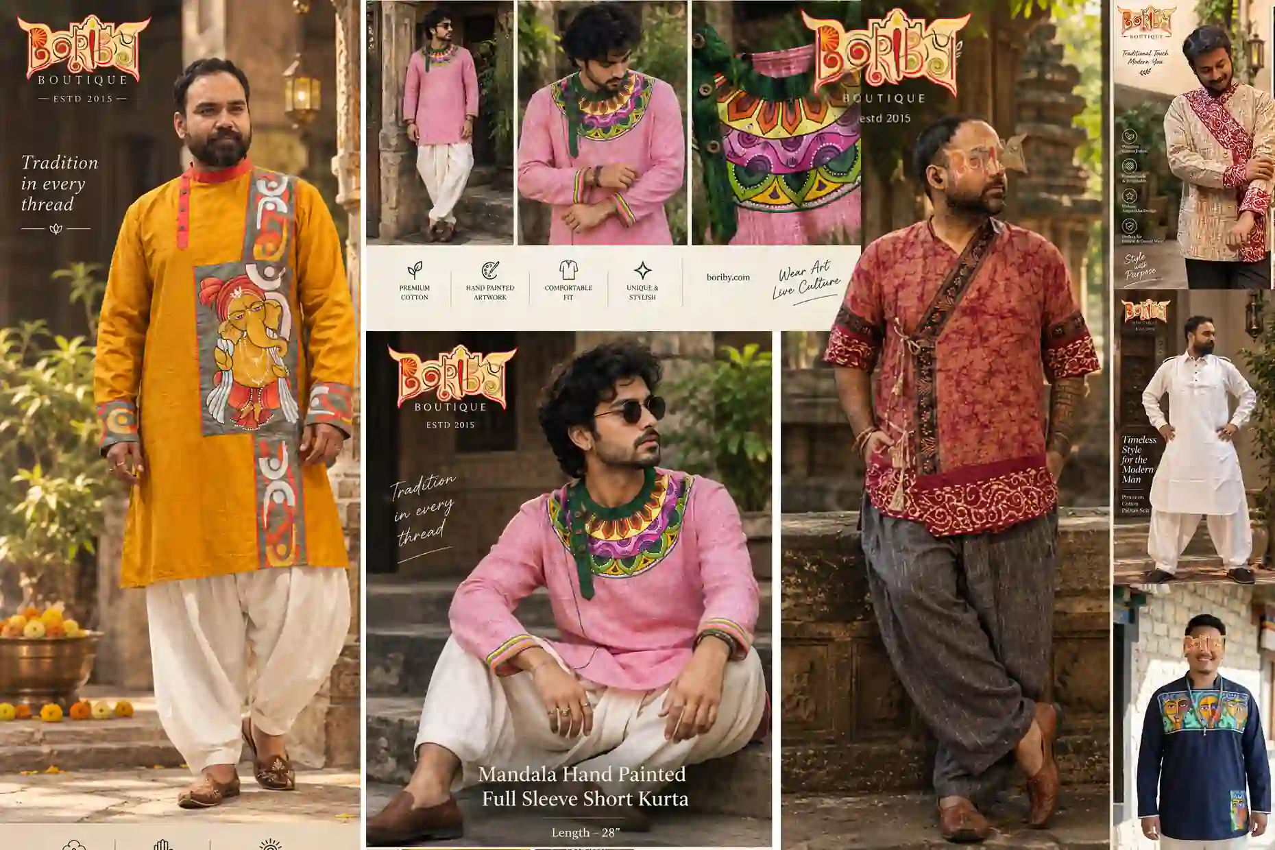 Traditional men’s kurtas with hand‑painted artwork from Boriby Boutique