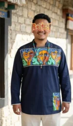 Plus size Boriby dark blue kurta with colorful hand‑painted artistic motifs on chest and pocket