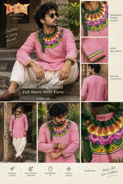 Man wearing Boriby slim fit full sleeve short kurta in pink cotton with hand‑painted mandala neckline and cuffs