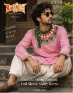 Man wearing Boriby slim fit full sleeve short kurta in pink cotton with hand‑painted mandala neckline and cuffs
