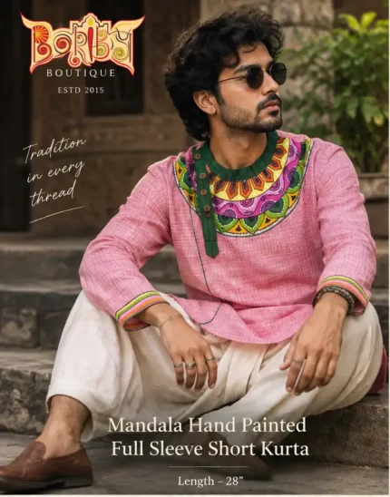 Man wearing Boriby slim fit full sleeve short kurta in pink cotton with hand‑painted mandala neckline and cuffs