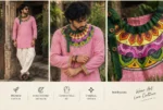 Man wearing Boriby slim fit full sleeve short kurta in pink cotton with hand‑painted mandala neckline and cuffs
