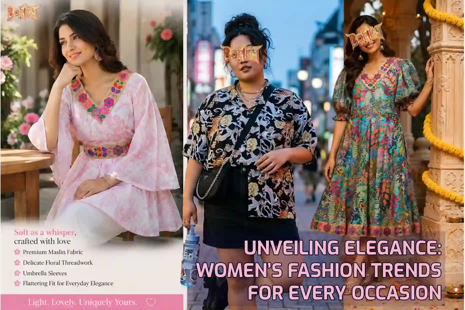 Elegant women’s outfits in floral embroidery and bold prints from Boriby